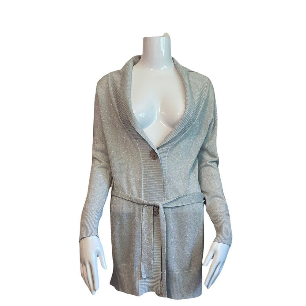 3/$25 NESLAY Shimmer Sparkle Silver Belted Long Sleeves Cardigan.Size XS